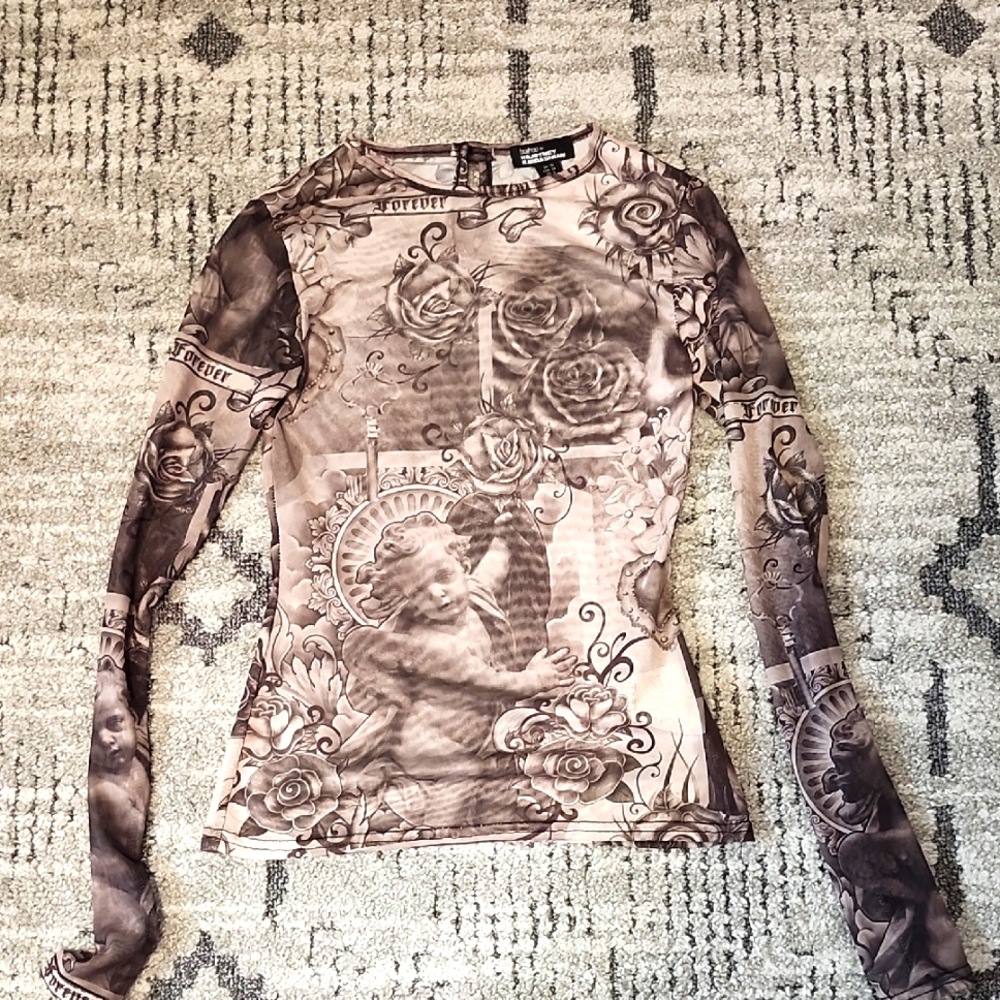 Kourtney Kardashian boohoo Colab Mesh Long Sleeve Tatoo Print Size Small NWOT